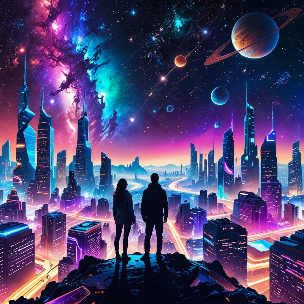 An awe-inspiring cosmic scene with a vibrant galaxy filled with stars and planets, showcasing a futuristic cityscape representing web development. The city has buildings made out of code, glowing neon colors, with a central figure of Katie, an ethereal guide, pointing towards endless possibilities. super-realistic. vibrant colors. 3D.