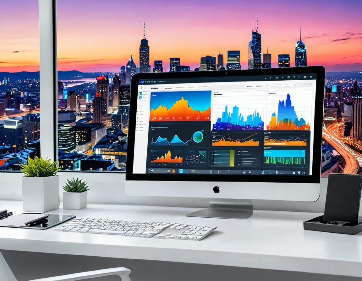 A modern workspace featuring a sleek computer displaying a beautifully designed website, surrounded by digital tools like a tablet with graphic design software, a smartphone with social media apps, and vibrant client analytics. In the background, a subtle, futuristic cityscape representing growth and connection. super-realistic. vibrant colors. white background.