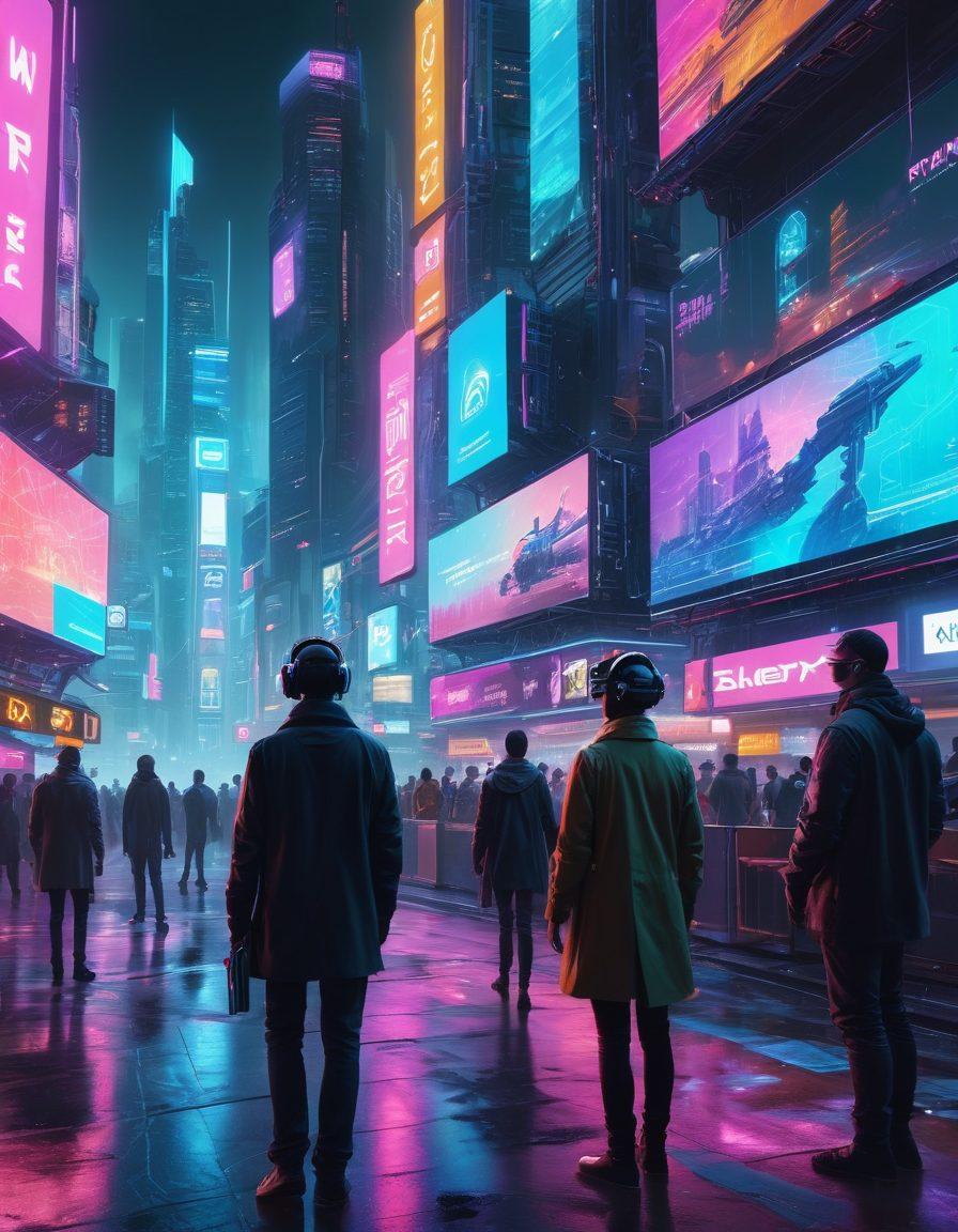A futuristic cityscape with holographic billboards displaying web development code, robots collaborating on coding projects, diverse developers using VR headsets and advanced gadgets. The scene should evoke innovation and cutting-edge technology with a blend of human and machine synergy. super-realistic. vibrant colors. cyberpunk.